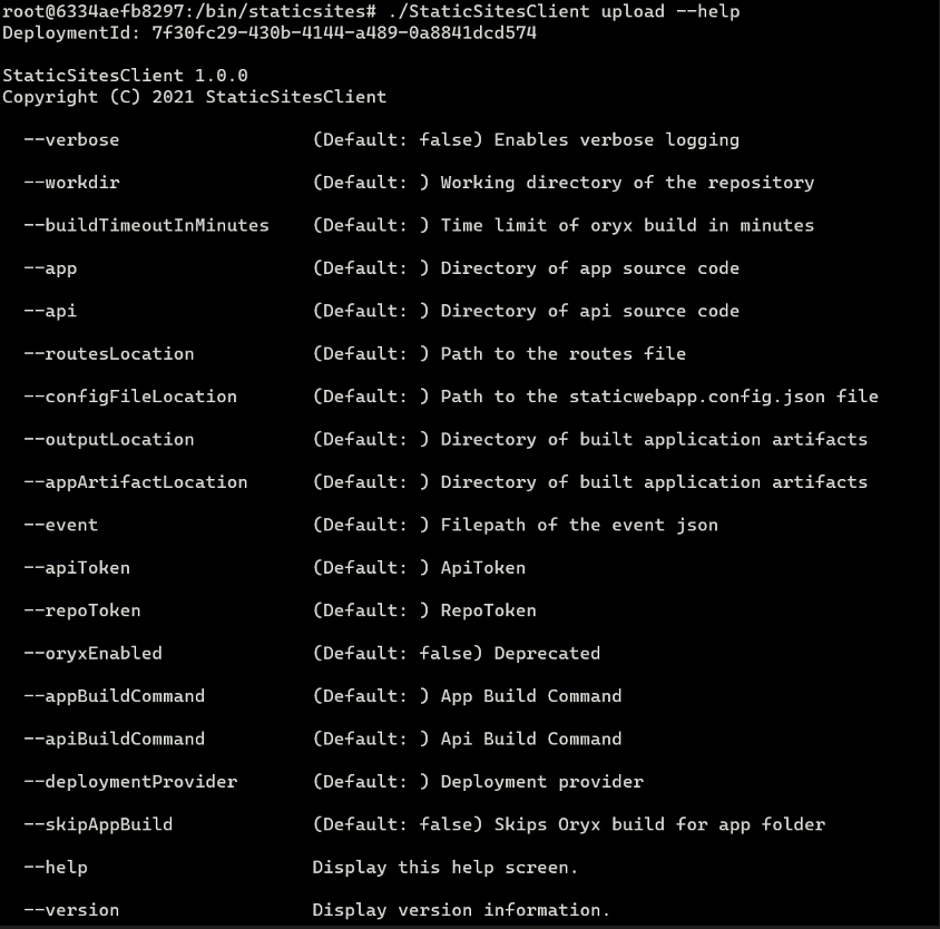 Terminal output of StaticSitesClient upload --help listing its command-line options