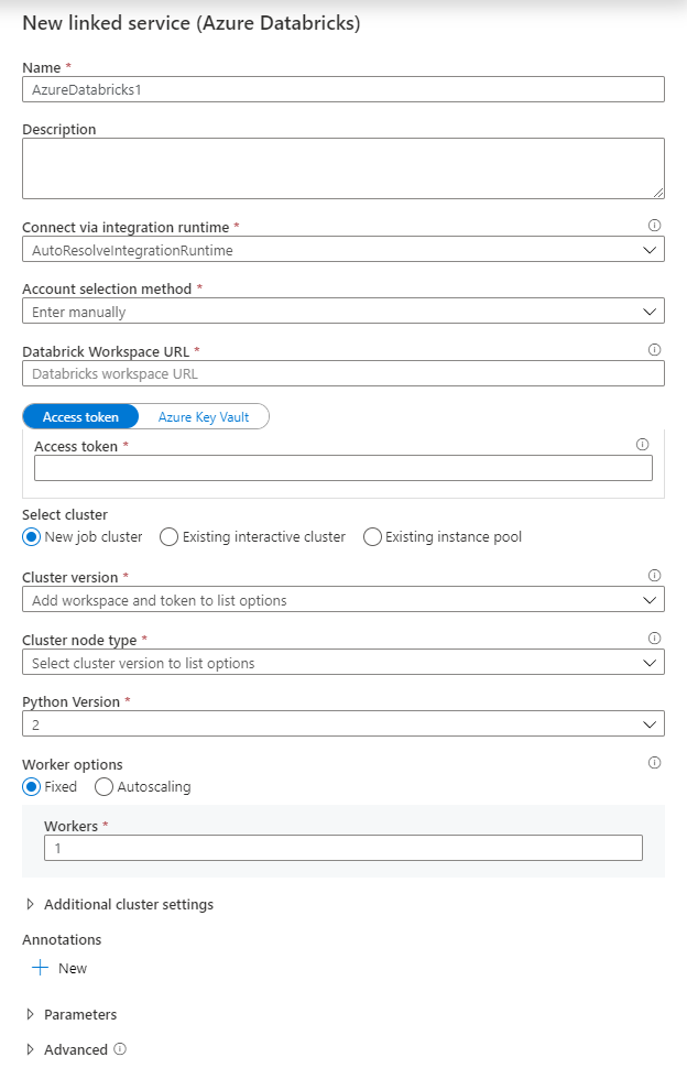 Azure Data Factory New linked service (Azure Databricks) configuration form