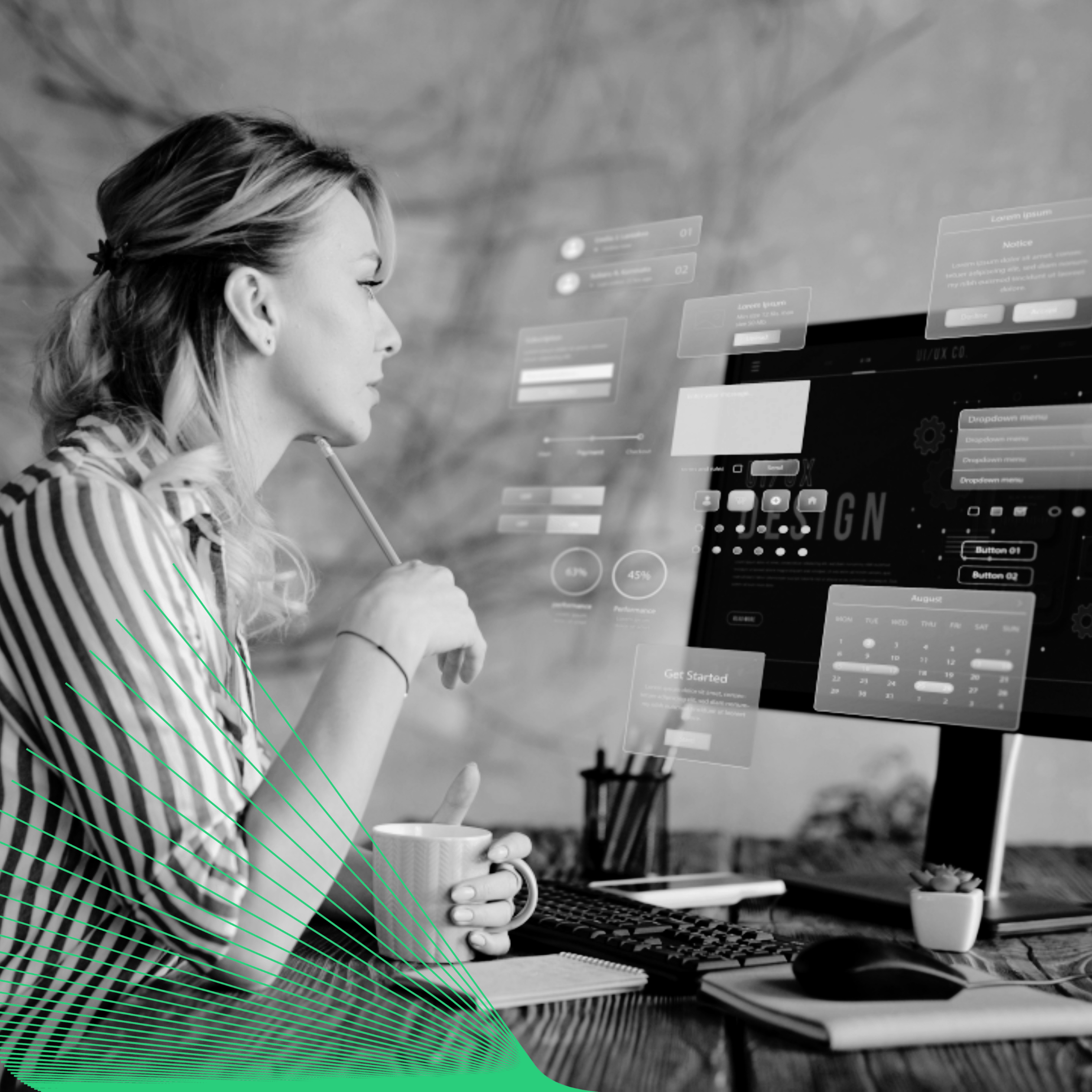 Designer at a desk reviewing app interface screens on a monitor, with floating UI panels and a green JOT line graphic